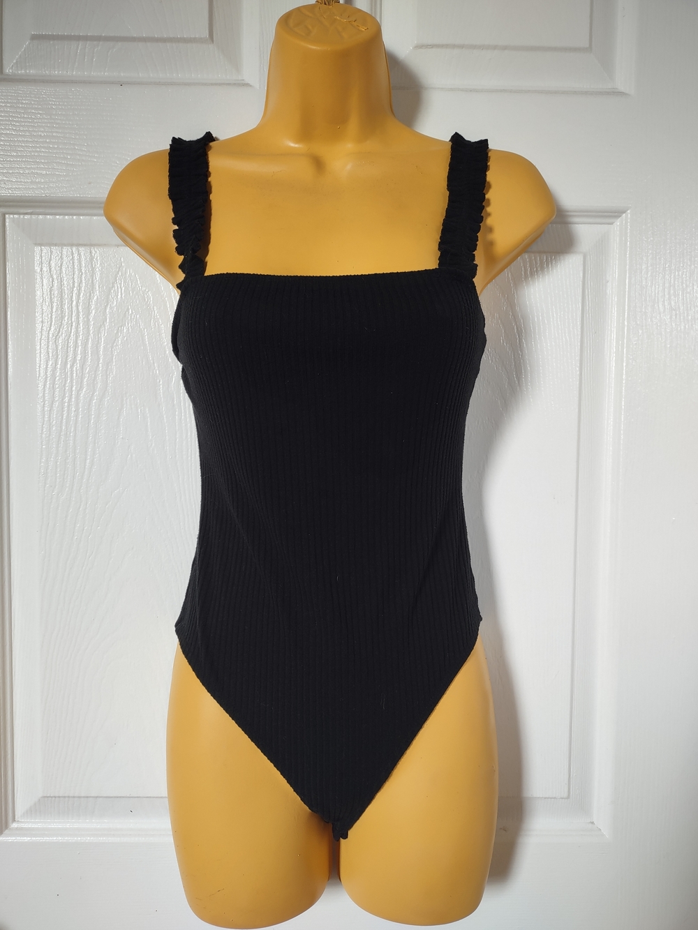 Forever 21 Black Ribbed Square-Neck Bodysuit with Ruffle Straps Small